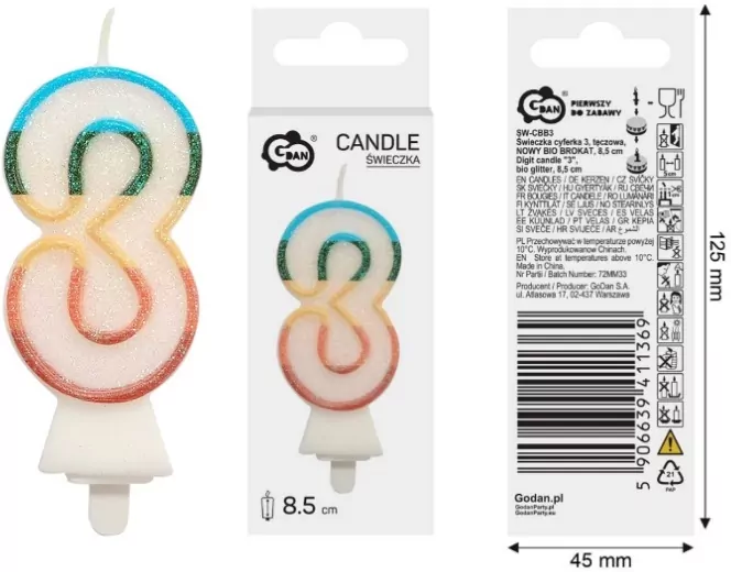 Świeczka cyfra 3 tęczowa 8,5cm - tantis.pl