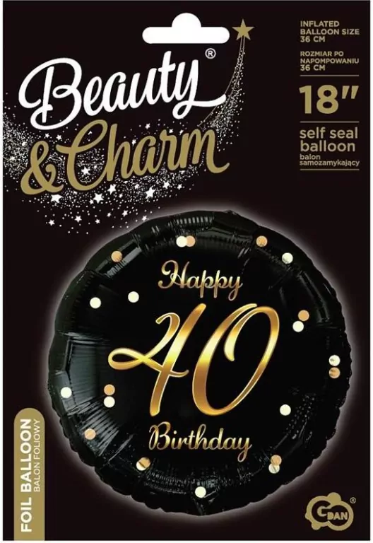 Balon foliowy Happy 40 Birthday czarno-złoty 45cm - tantis.pl