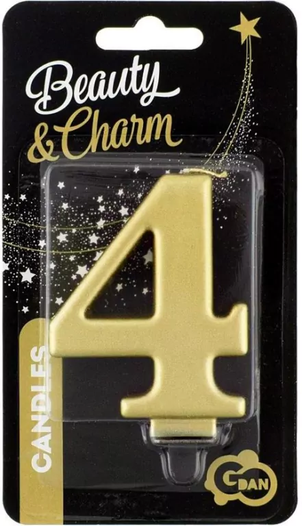 Świeczka cyferka 4 Beauty&Charm metalik złota 8cm - tantis.pl