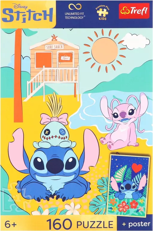 Puzzle 160 Stitch na fali + plakat TREFL - tantis.pl