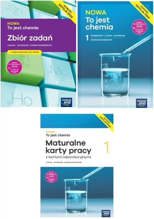 Pakiet: NOWA To jest chemia 1. Zbiór zadań z odpowiedziami/ NOWA To jest chemia 1. Podręcznik/ Maturalne karty pracy z kartami laboratoryjnymi. Klasa 1. Liceum i techniku. Zakres rozszerzony - tantis.pl