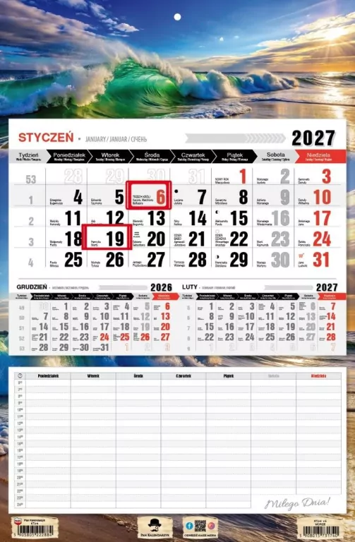 Kalendarz 2027 jednodzielny z planem zajęć Morze - tantis.pl