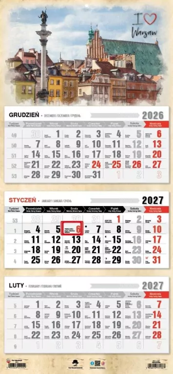 Kalendarz 2027 trójdzielny Warszawa - tantis.pl