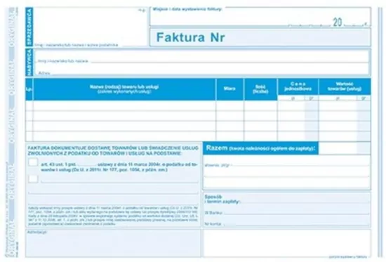 Faktura. Czynności zwolnione z podatku