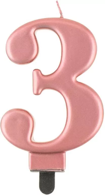 Świeczka B&C cyferka 3, metalik różowo-złota 8cm - tantis.pl