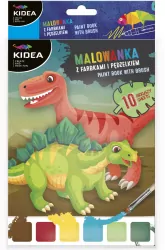 Malowanka z farbkami i pędzelkiem. Dinozaury
