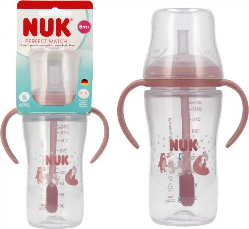 NUK. Butelka do nauki picia ze słomką. 260 ml. Miś - tantis.pl