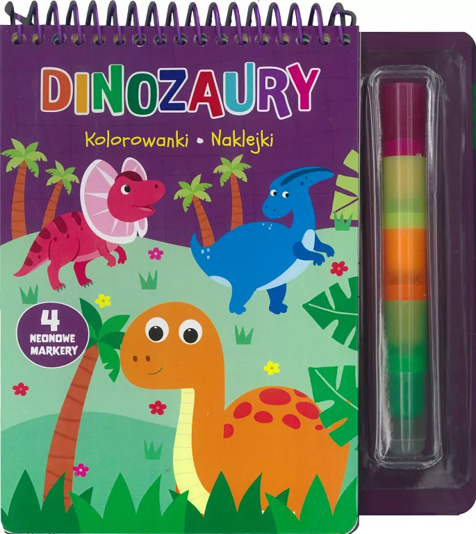 Dinozaury. Kolorowanki naklejki 4 neonowe markery - tantis.pl