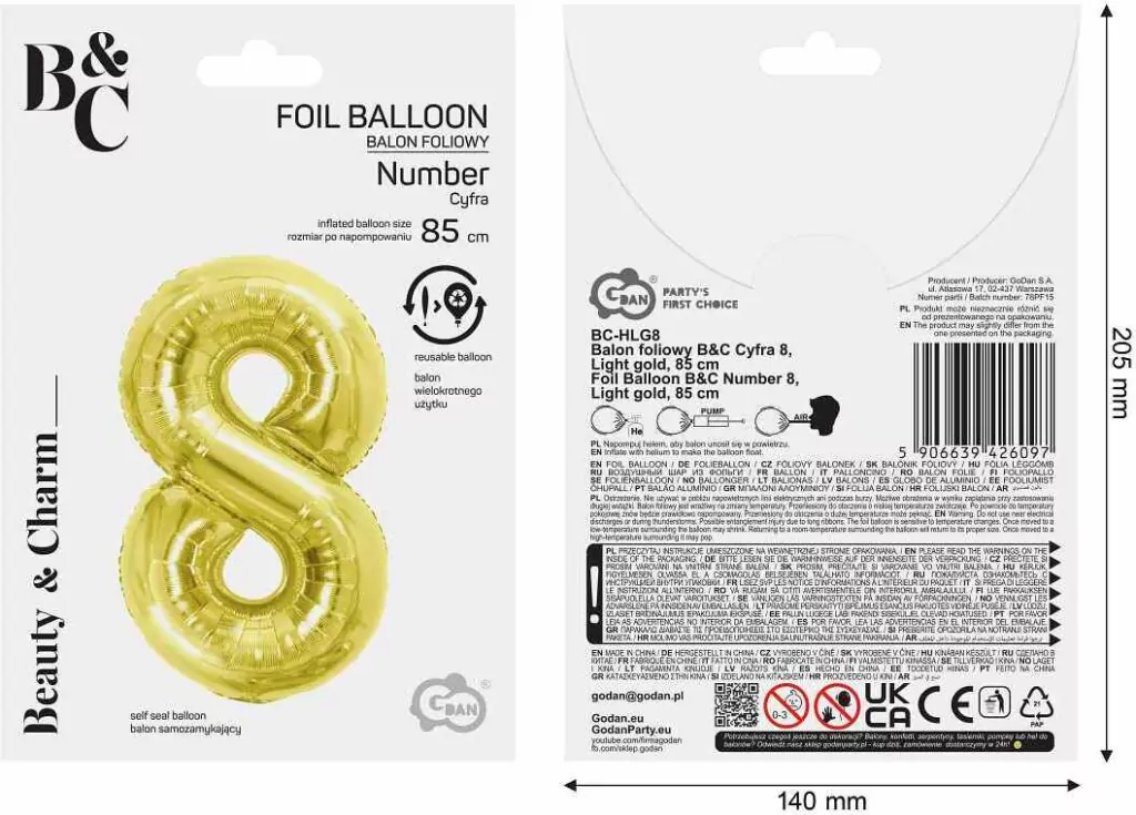 Balon foliowy B&C 8 Light gold 85cm - tantis.pl