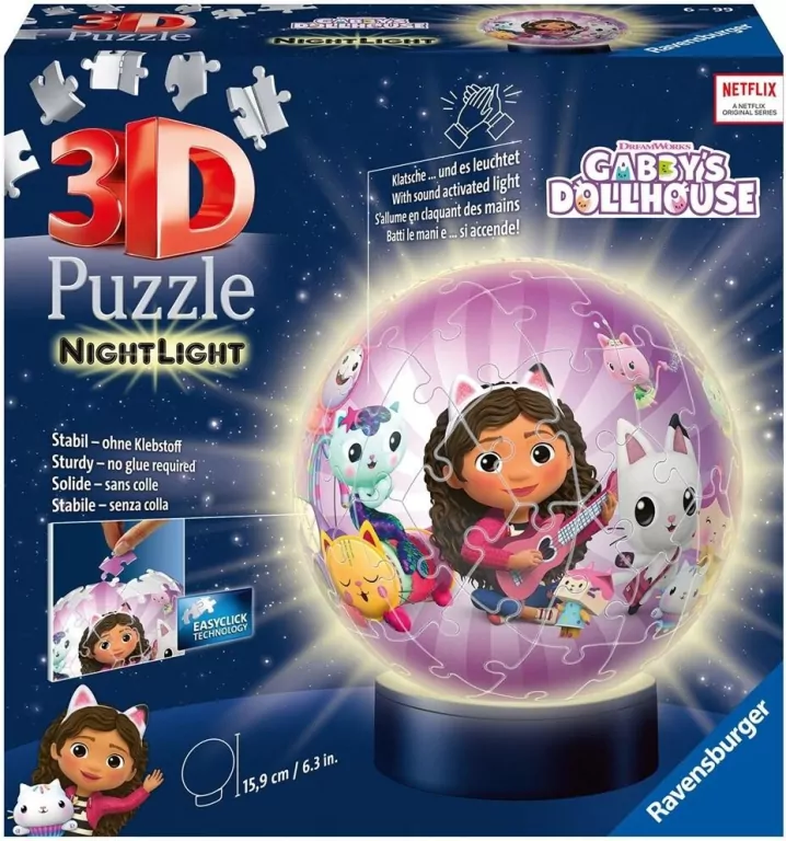Ravensburger. Puzzle 3D. Świecąca Kula. Koci Domek Gabi - tantis.pl