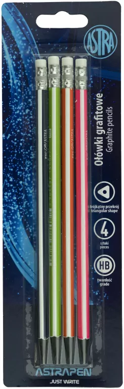 Ołówki grafitowe. Astra z czarnego drewna z gumką blister, 4 sztuki - tantis.pl