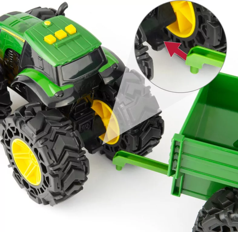 TOMY. John Deere Monster Traktor z przyczepą światło i dźwięk - tantis.pl