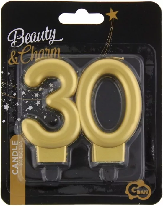 Świeczka cyferka 30 Beauty&Charm metalik złota 8cm - tantis.pl