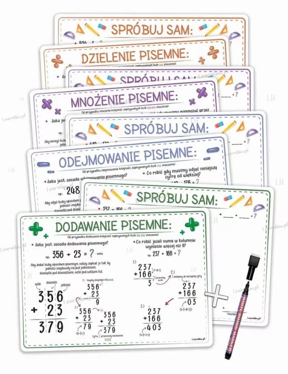 Plansze edukacyjne A4. Liczenie pisemne +pisak 4 karty - tantis.pl