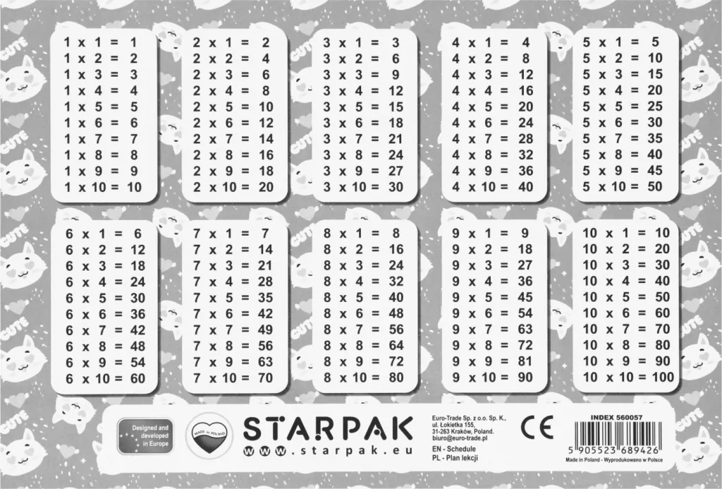 Plan lekcji z tabliczką mnożenia - tantis.pl