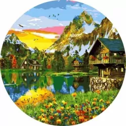 Malowanie po numerach okrągłe. Wieś nad jeziorem