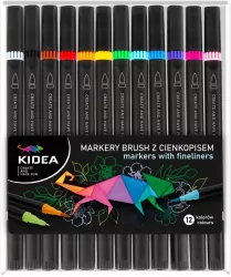 Markery Brush z cienkopisem 12 kolorów KIDEA