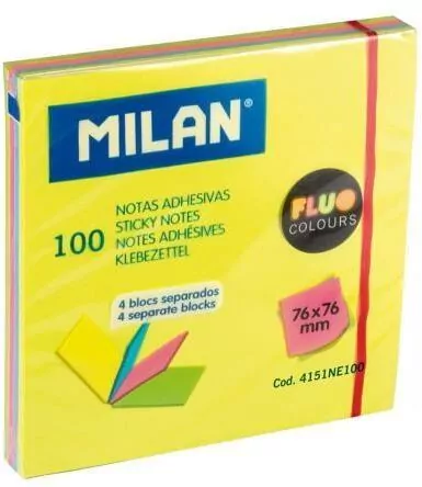 Karteczki fluo 4 kolory 76x76mm 100k 4151NE100 MILAN - tantis.pl