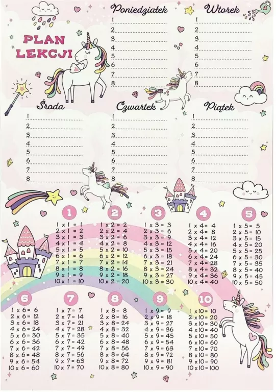 Plan lekcji z tabliczką mnożenia A4 Unicorn - tantis.pl