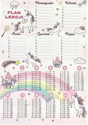 Plan lekcji z tabliczką mnożenia A4 Unicorn