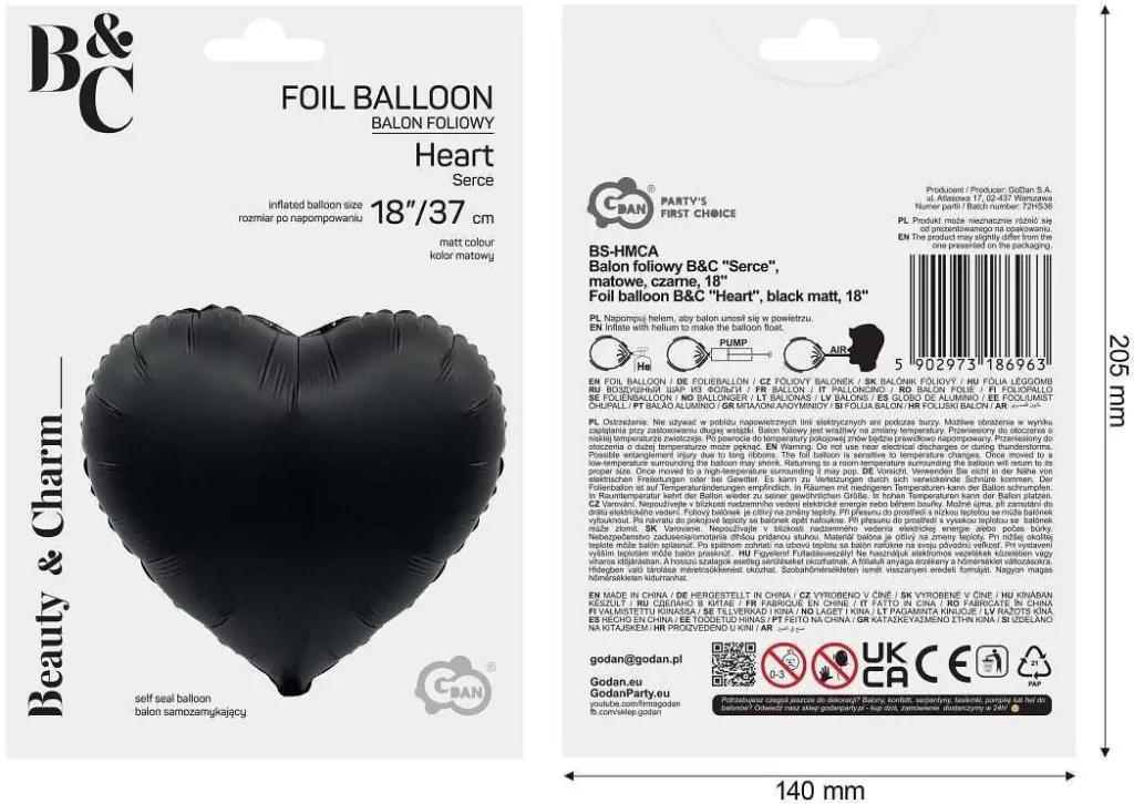 Balon foliowy B&C Serce matowe czarne 37cm - tantis.pl