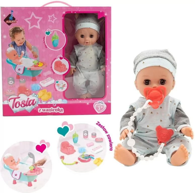 Lalka Tosia z wanienką w szaro-niebieskim ubranku - tantis.pl