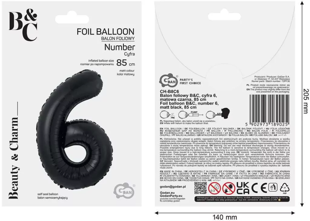 Balon foliowy B&C cyfra 6 matowa czarna 85cm - tantis.pl