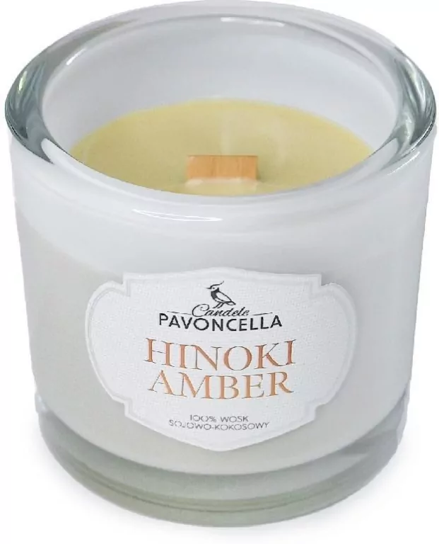 Świeczka sojowa Hinoki Amber biała 170g - tantis.pl