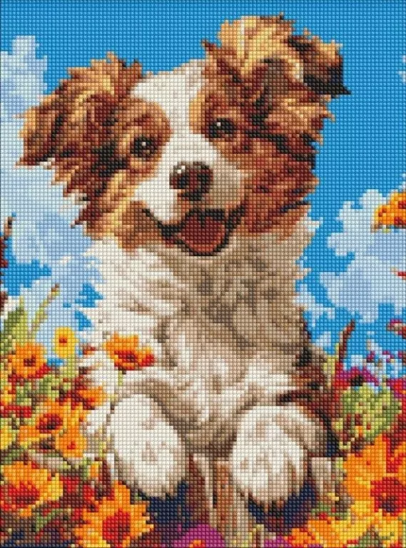 Diamentowa mozaika bez ramy -Pies w kwiatach 30x40 - tantis.pl