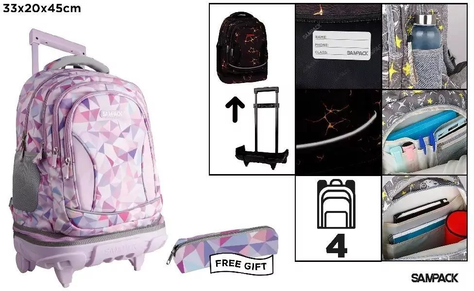 Plecak ze stelażem i kółkami 4 komory + piórnik - tantis.pl