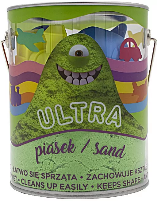 Ultra Piasek puszka 900 g. 4 duże foremki pojazdy, 2 narzędzia, zielony - tantis.pl