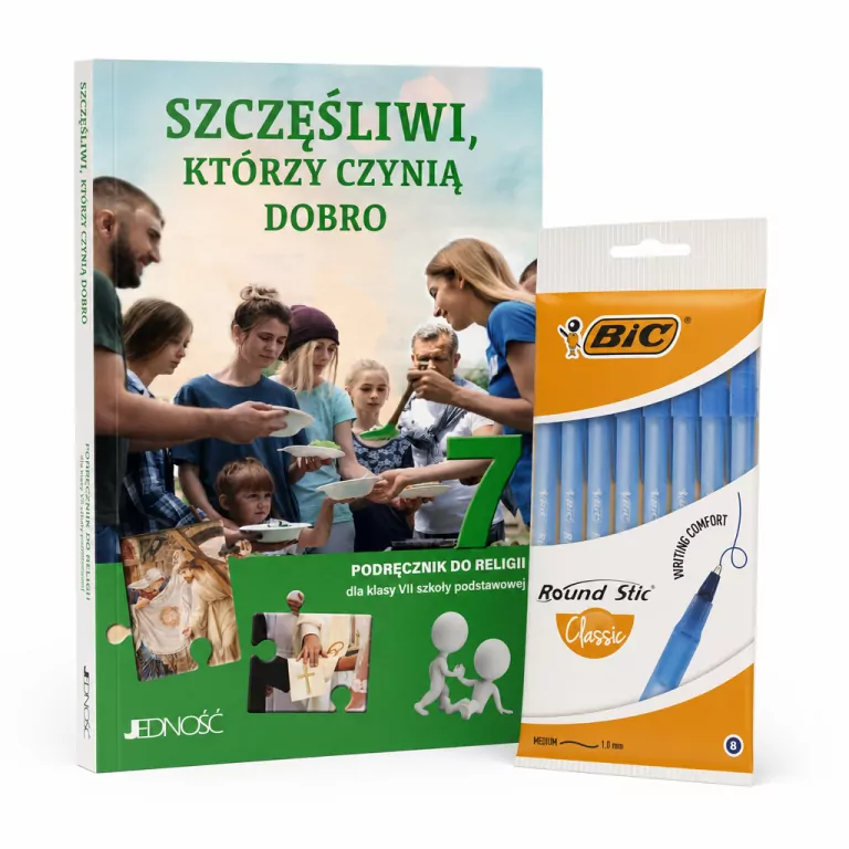 Pakiet: Szczęśliwi, którzy czynią dobro. Podręcznik do religii dla klasy 7 szkoły podstawowej / Długopis Round Stic Classic niebieski. 8 sztuk - tantis.pl