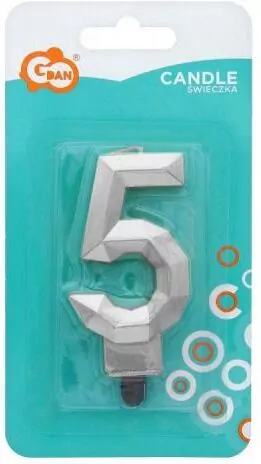Świeczka cyferka 5 - Diament metalik srebrny 7,6cm - tantis.pl