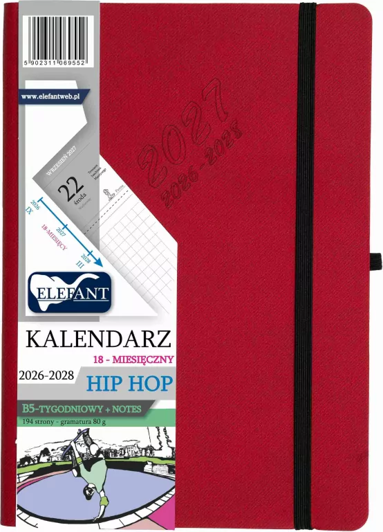 Kalendarz Hip hop 2026/27/28 B5 tyg. czerwony - tantis.pl