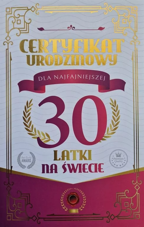 Karnet Certyfikat Urodzinowy 30 urodziny damskie - tantis.pl