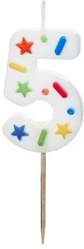 Świeczka urodzinowa cyfra 5 biała konfetti 5,5cm - tantis.pl