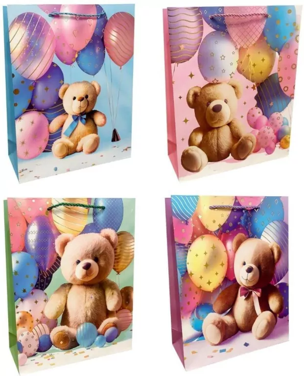 Torebka prezentowa dziecięca S miś z balonami mix - tantis.pl