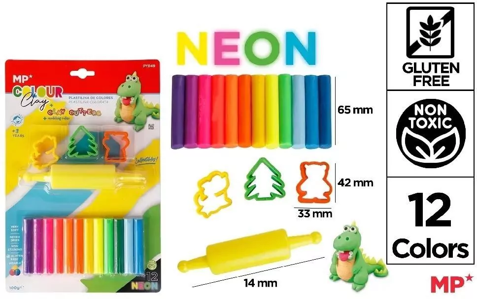Plastelina 12 kolorów neon + foremki i wałek - tantis.pl