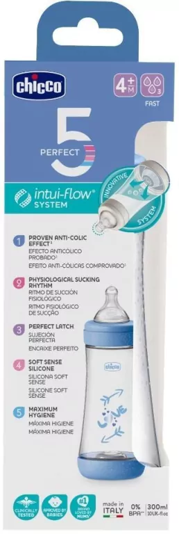 Chicco. Perfect5. Butelka. 300 ml. 4 miesięce. Boy - tantis.pl