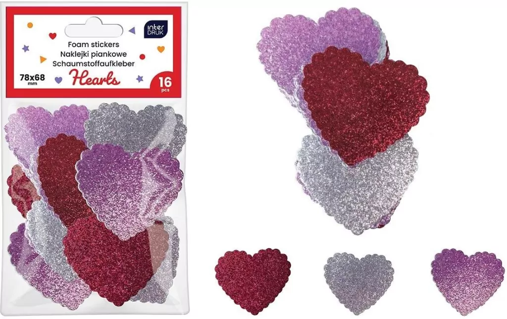 Naklejki brokat piankowe samoprzylep. Hearts 16szt - tantis.pl