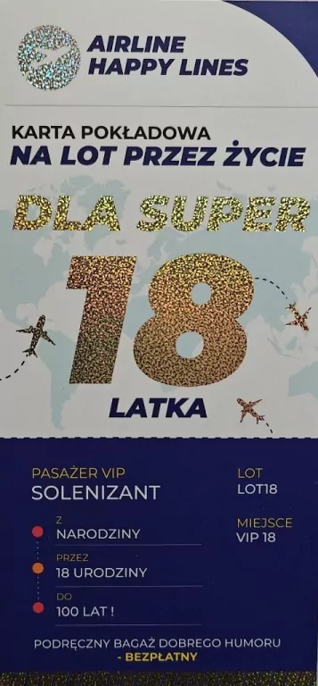 Karnet karta pokładowa 18 urodziny męskie - tantis.pl