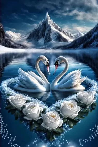 Diamentowa Mozaika Łabędzie zakochane i białe kwiaty NO-2000168 - tantis.pl