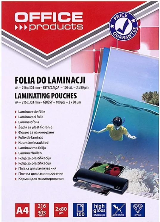 Folia do laminacji Office Products A4 216x303mm błyszcząca 100 sztuk transparentna - tantis.pl