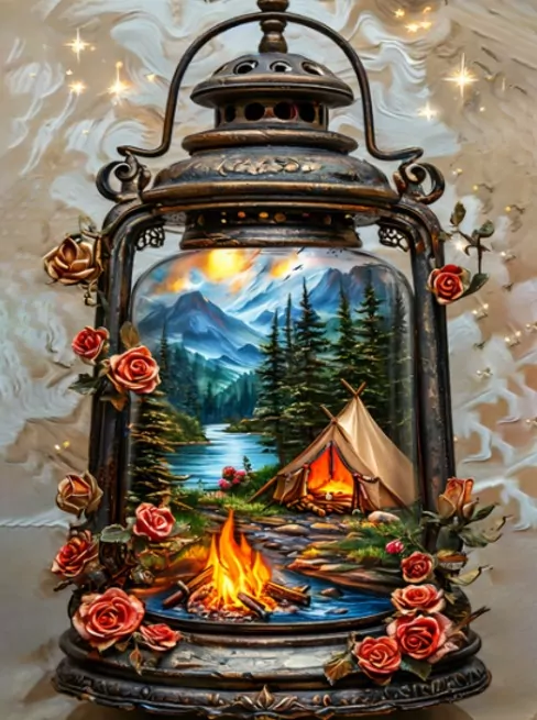 Diamentowa Mozaika Lampion z namiotem i ogniskiem w górach NO-2003111 - tantis.pl
