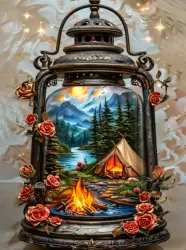 Diamentowa Mozaika Lampion z namiotem i ogniskiem w górach NO-2003111
