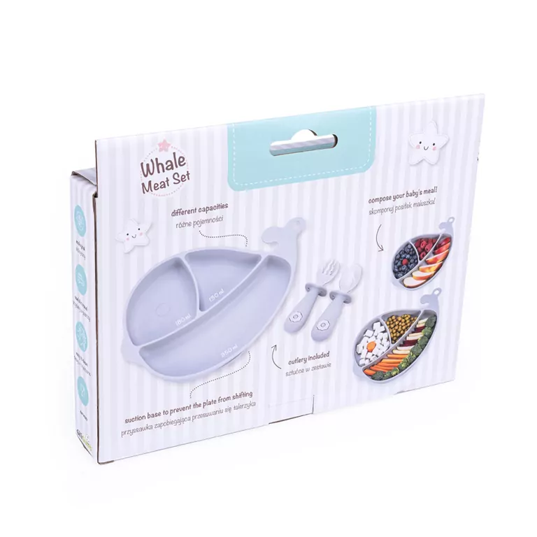Silikonowy Talerz i sztućce. Wieloryb szary - tantis.pl