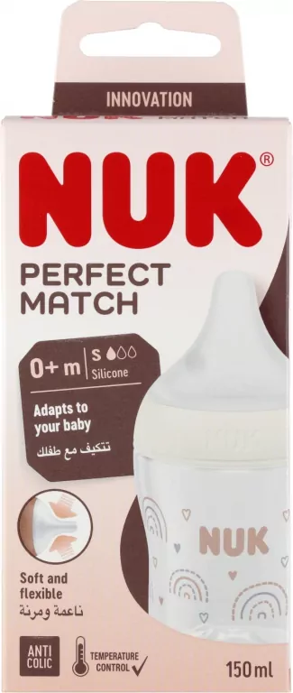 NUK. Perfect Match. Butelka z silikonowym smoczkiem. 150 ml. Tęcza - tantis.pl