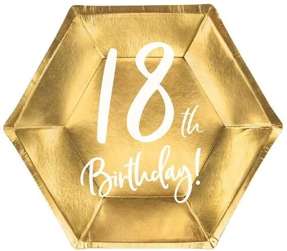 Talerzyki 18th Birthday złote 20cm 6szt - tantis.pl