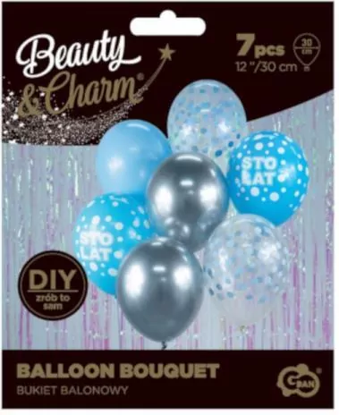 Bukiet balonowy. Beauty&Charm. Srebrno-niebieski STO LAT, 7 szt. 30 cm - tantis.pl