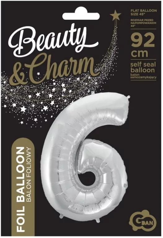 Balon foliowy cyfra 6 Beauty&Charm srebrna 92cm - tantis.pl